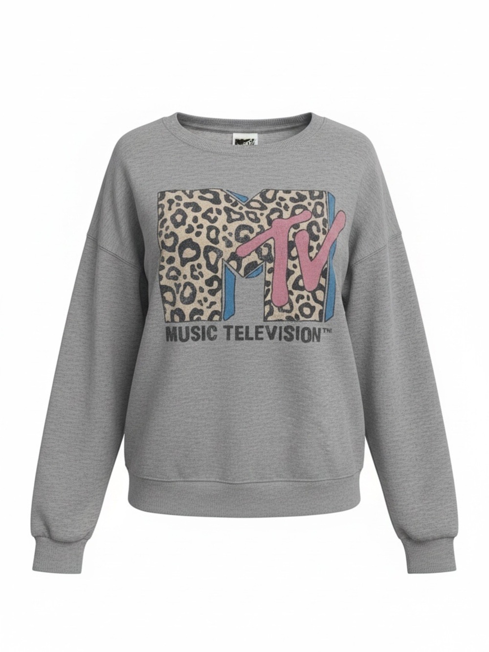 MTV Leopard Print Logo Crewneck Sweatshirt Heather Gray Pink Retro Inspired SZ S